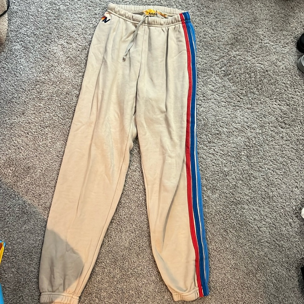 aviator nation tan sweatpants with blue and red stripes, small